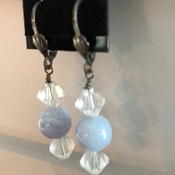 Vintage Handmade Blue Lace Agate Sterling Silver Swarovski Crystal Drop Earrings - Picture 4 of 4